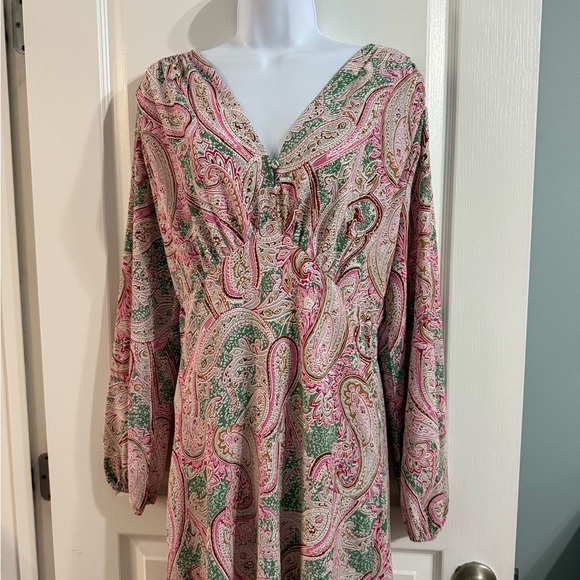 First Love Pink and Green Long Sleeve Bishop Sleeve Sundress - Picture 1 of 5